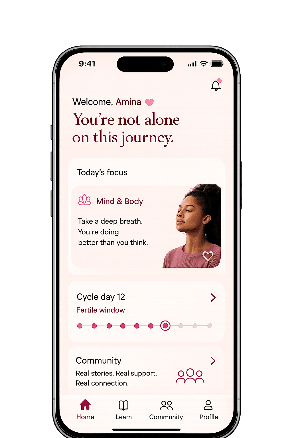 Preview of the NORRA mobile app supporting a woman through her day